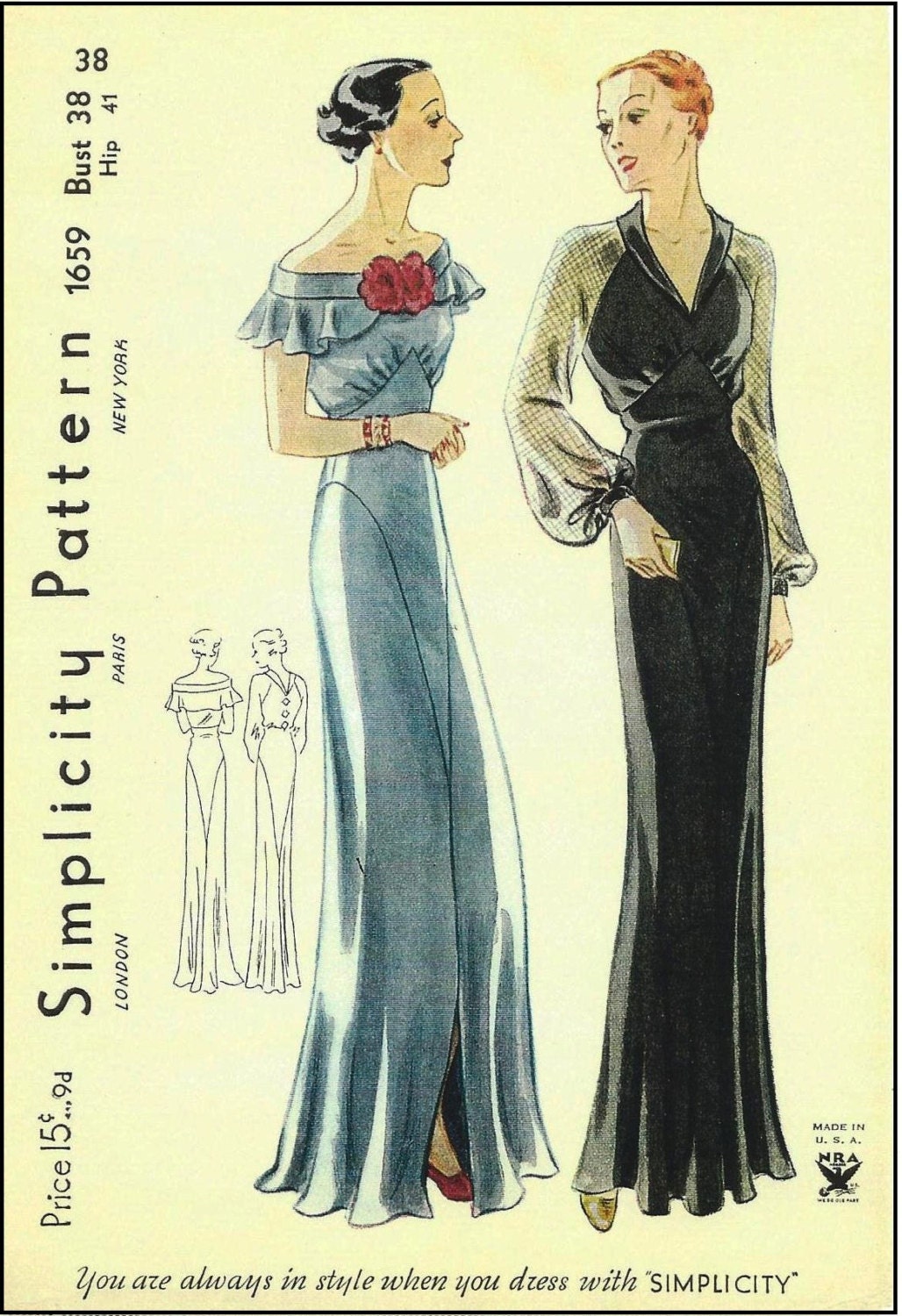 1930s Ladies Evening Gown With Two Neckline Options - Reproduction 1935 Sewing Pattern #T1659 - 38 Inch Bust