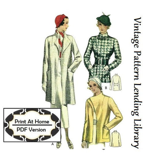 1930s Ladies Coat In Two Lengths - INSTANT DOWNLOAD - Reproduction 1934 Sewing Pattern #T7758 - 40 Inch Bust - PDF - Print At Home