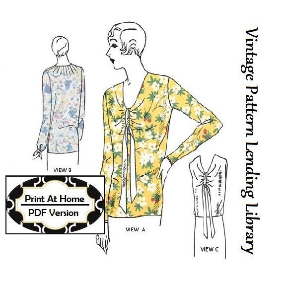 1920s Ladies Slip-Over Blouse With Tie - INSTANT DOWNLOAD - Reproduction 1929 Sewing Pattern #Z2956 - 36 Inch Bust - PDF - Print At Home