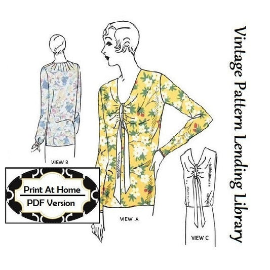 1920s Ladies Slip-Over Blouse With Tie - INSTANT DOWNLOAD - Reproduction 1929 Sewing Pattern #Z2956 - 36 Inch Bust - PDF - Print At Home