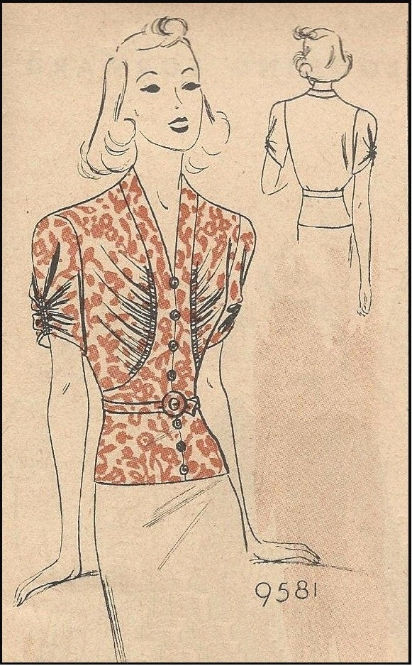 1930s Ladies Blouse With Gathered Bodice - INSTANT DOWNLOAD - Reproduction 1938 Sewing Pattern #T9581 - 36 Inch Bust - PDF - Print At Home