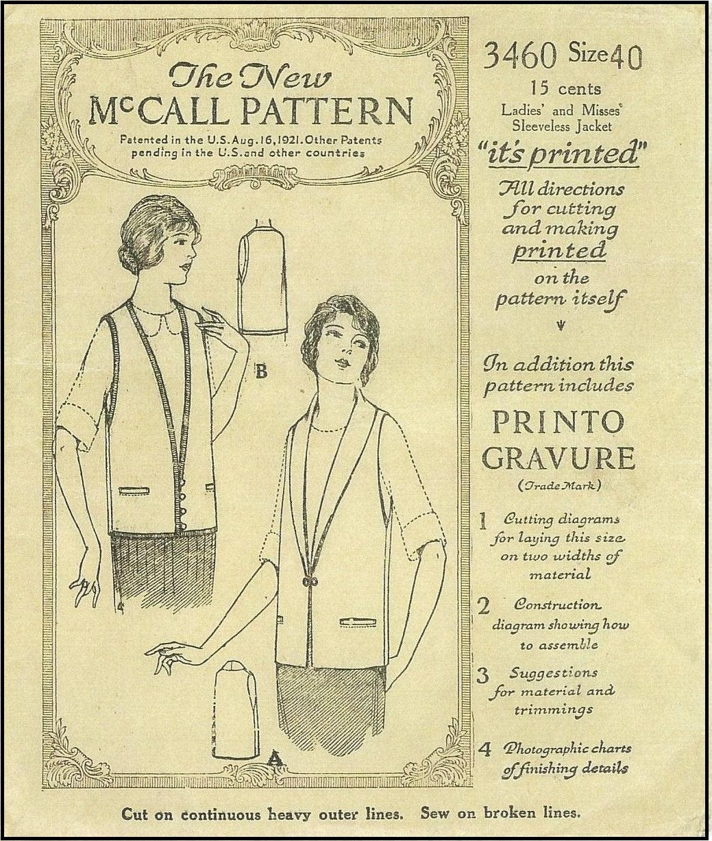 1920s Ladies Sleeveless Sport Jacket - INSTANT DOWNLOAD - Reproduction 1924 Sewing Pattern #Z3460 - 40 Inch Bust - PDF - Print At Home