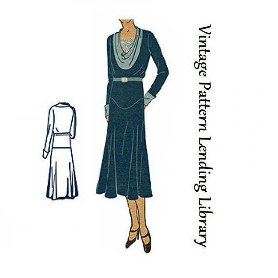 1930 Ladies Dress with Cowl Neckline - Reproduction Sewing Pattern #T6585 - Multi Sized Format