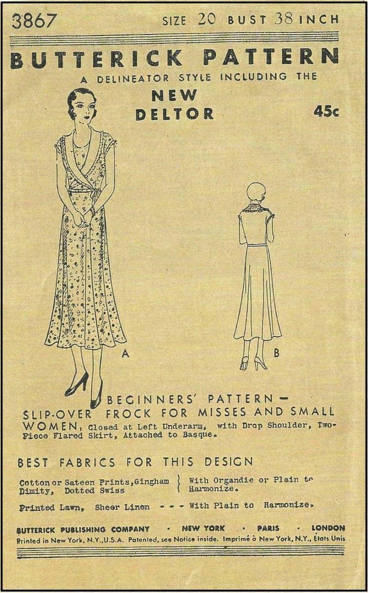 1930s Ladies Day Dress With Wrap Around Collar - Reproduction 1931 Sewing Pattern #T3867 - 38 Inch Bust