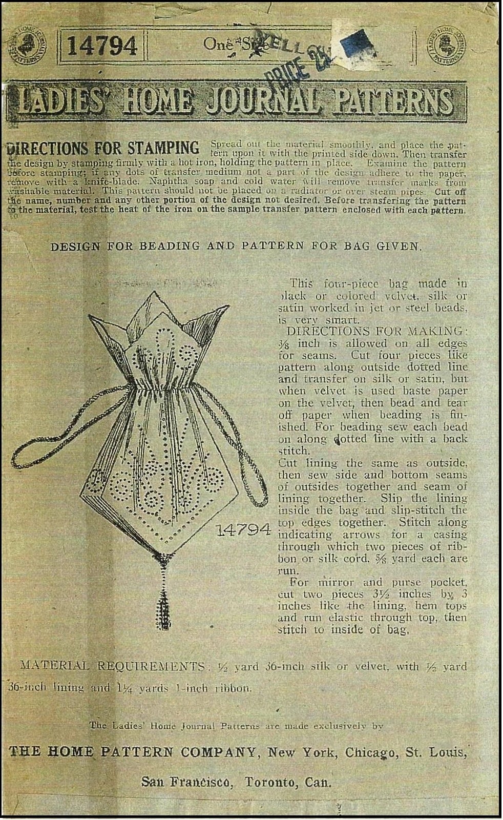 1912 Beaded Drawstring Handbag - INSTANT DOWNLOAD - Reproduction Sewing Pattern #A14794 - Edwardian Era Reticule - PDF - Print At Home