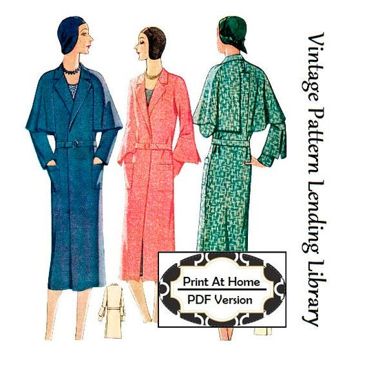 1930 Ladies Coat With Optional Cape - INSTANT DOWNLOAD - Reproduction Sewing Pattern #T6212 - 34 Inch Bust - PDF - Print At Home