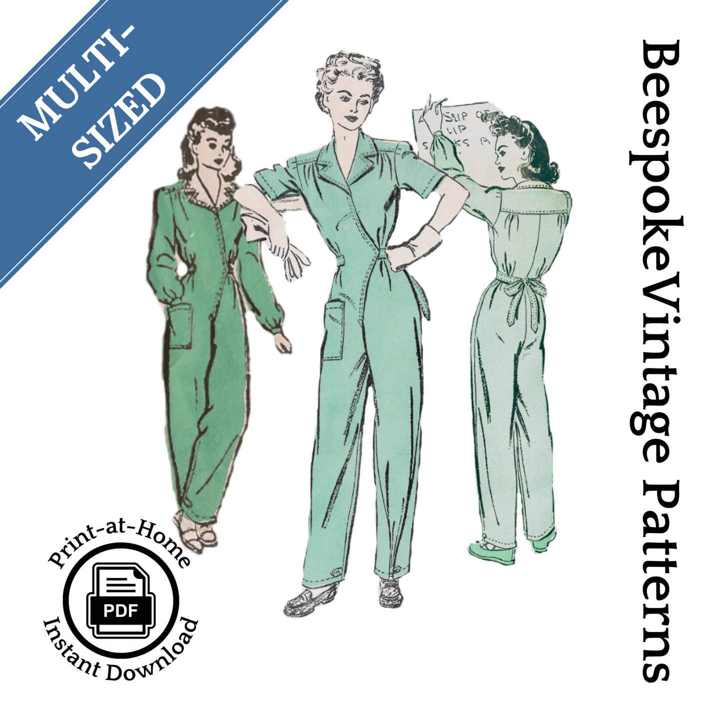 1940s Coverette MULTISIZED Bust 32"- 54" Overalls WWII Rosie the Riveter - #2795 [PDF - PRINT AT HOME]