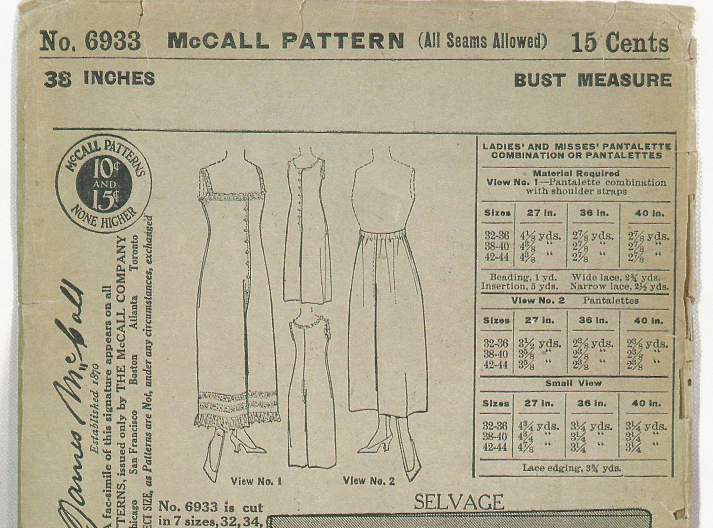 1915 Ladies Pantalettes or Combination Undergarment - PDF - INSTANT DOWNLOAD -Reproduction Sewing Pattern #E6933 - 38 Inch Bust