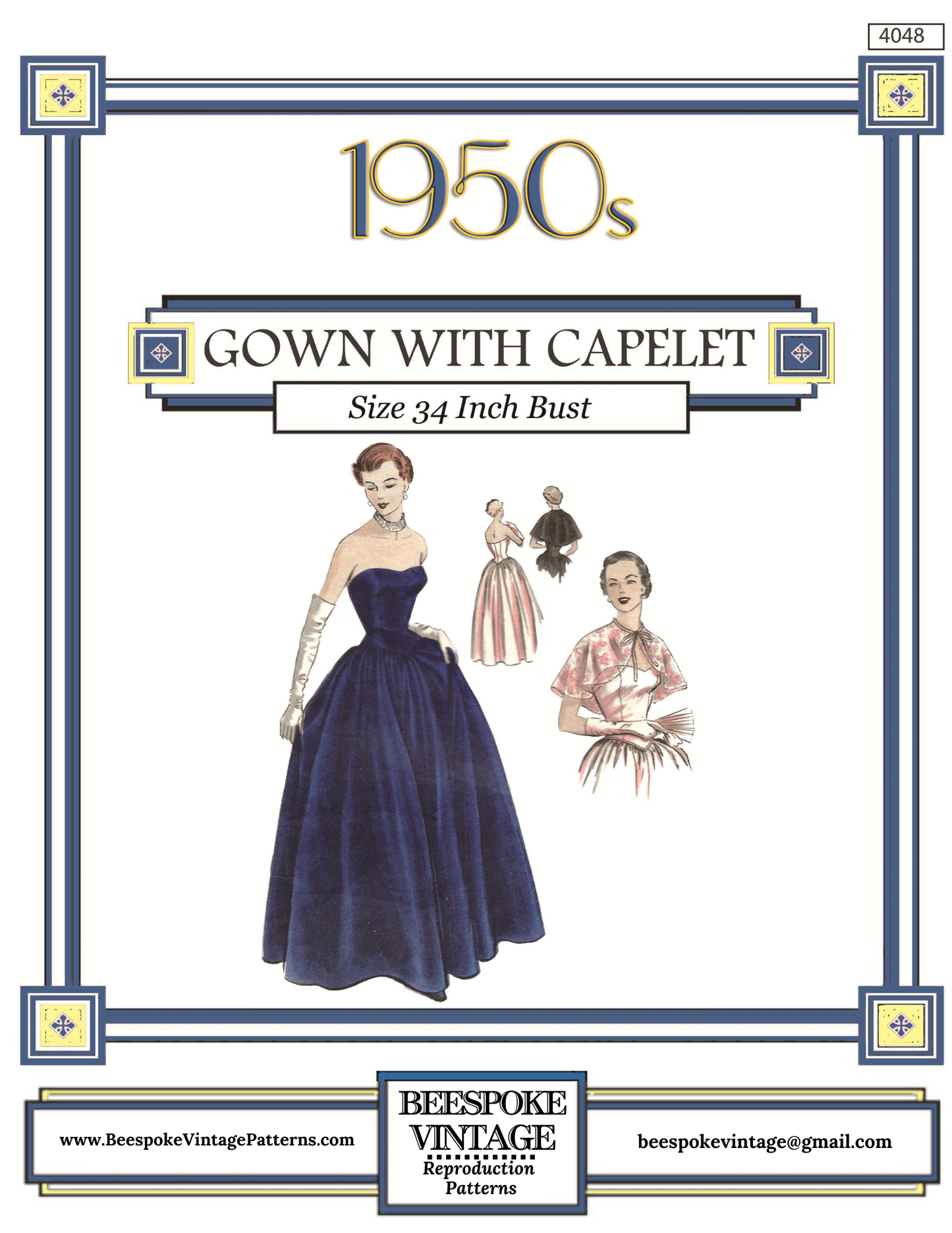 1950s Ladies Formal Gown With Capelet - Reproduction 1951 Sewing Pattern #F4048 - 34 Inch Bust