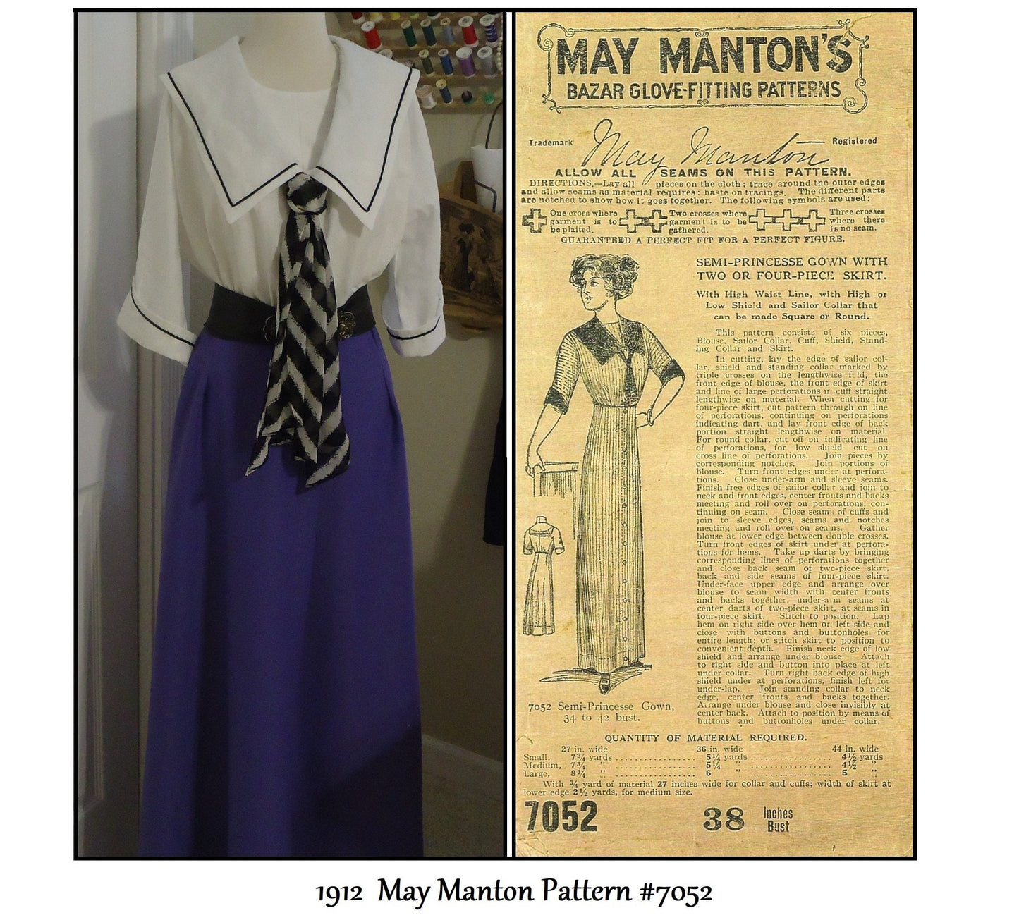 1910s Ladies Semi-Princess Dress - 1912 Reproduction Sewing Pattern #E7052 - 38 Inch Bust