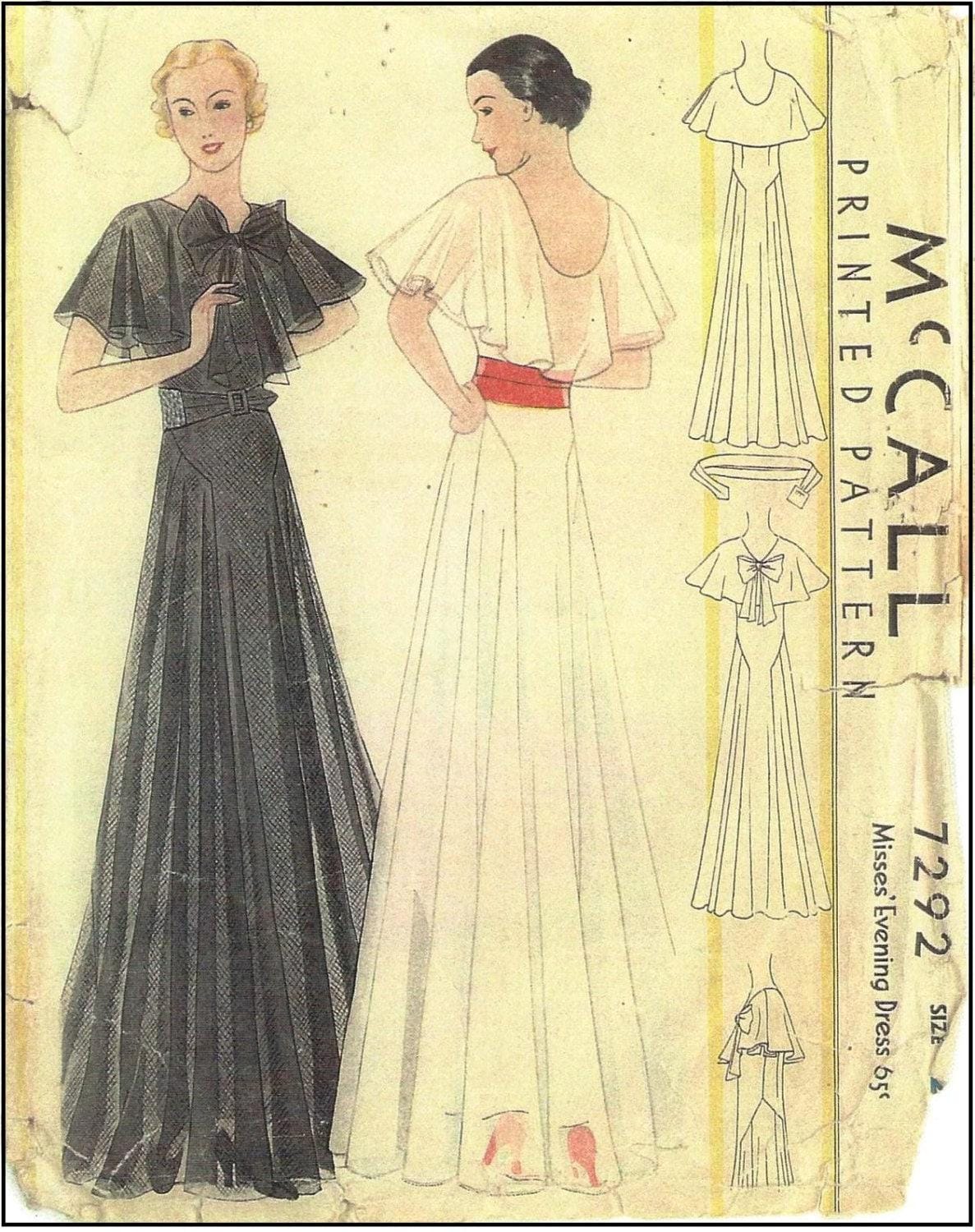 1930s Ladies Evening Gown With Capelet - Reproduction 1933 Sewing Pattern #T7292 - 38 Inch Bust