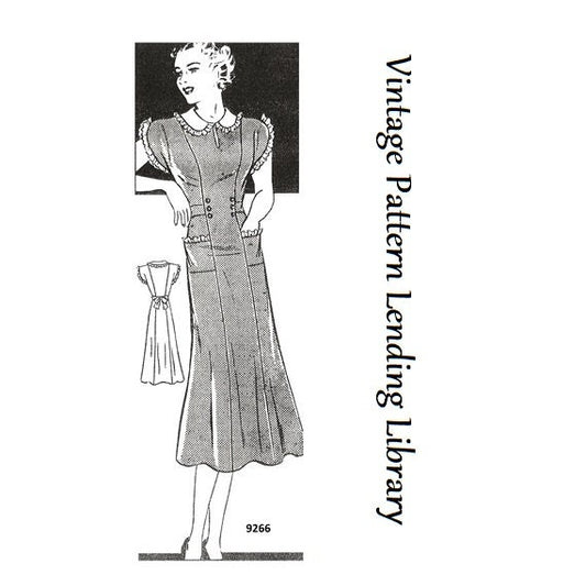 1930s Ladies Lace Trimmed Day Dress With Sash - 1938 Reproduction Sewing Pattern #T9266 - 40 Inch Bust