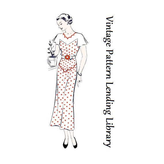 1930s Ladies Day Dress With Scallop Detailing - Reproduction Sewing Pattern #T2992 - 40 Inch Bust