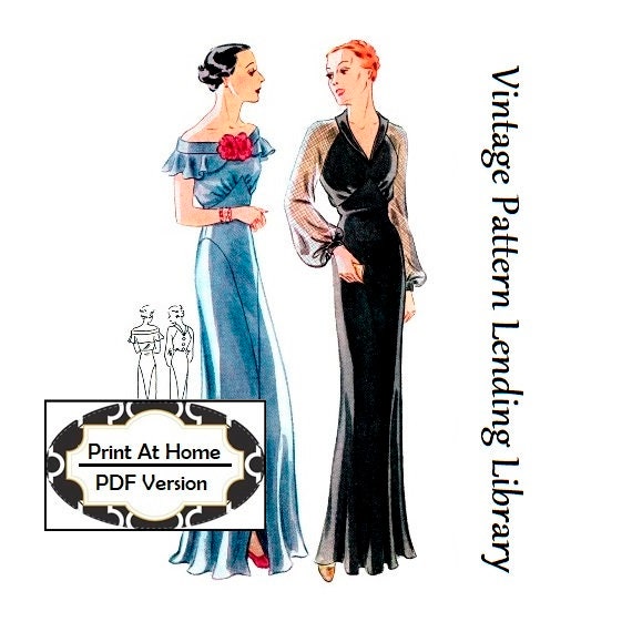 1930s Ladies Evening Gown With Neck Options - INSTANT DOWNLOAD - Reproduction 1935 Sewing Pattern #T1659 - 38 Inch Bust - PDF- Print At Home