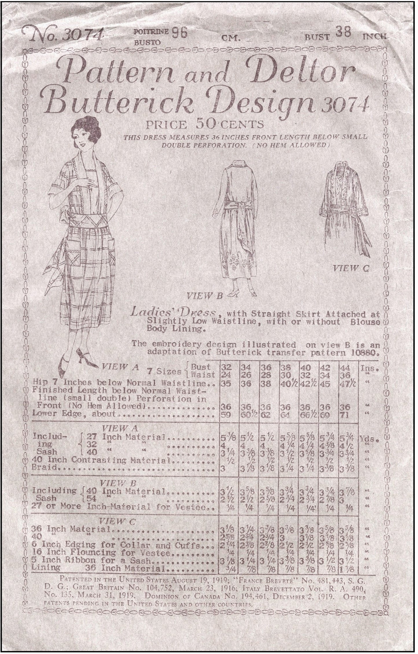 1920s Ladies Seaside Dress With Sash - INSTANT DOWNLOAD - 1921 Reproduction Sewing Pattern #Z3074 -38 Inch Bust- PDF - Print At Home