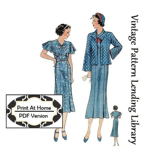 1930s Junior High-Waisted Dress And Jacket - INSTANT DOWNLOAD - Reproduction 1934 Sewing Pattern #T1427 - 32 Inch Bust - PDF - Print At Home