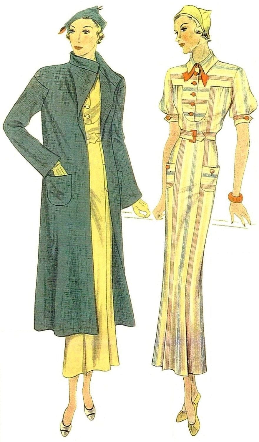 1930s Ladies Dress With Coat - Reproduction 1934 Sewing Pattern #T1418 - 36 Inch Bust