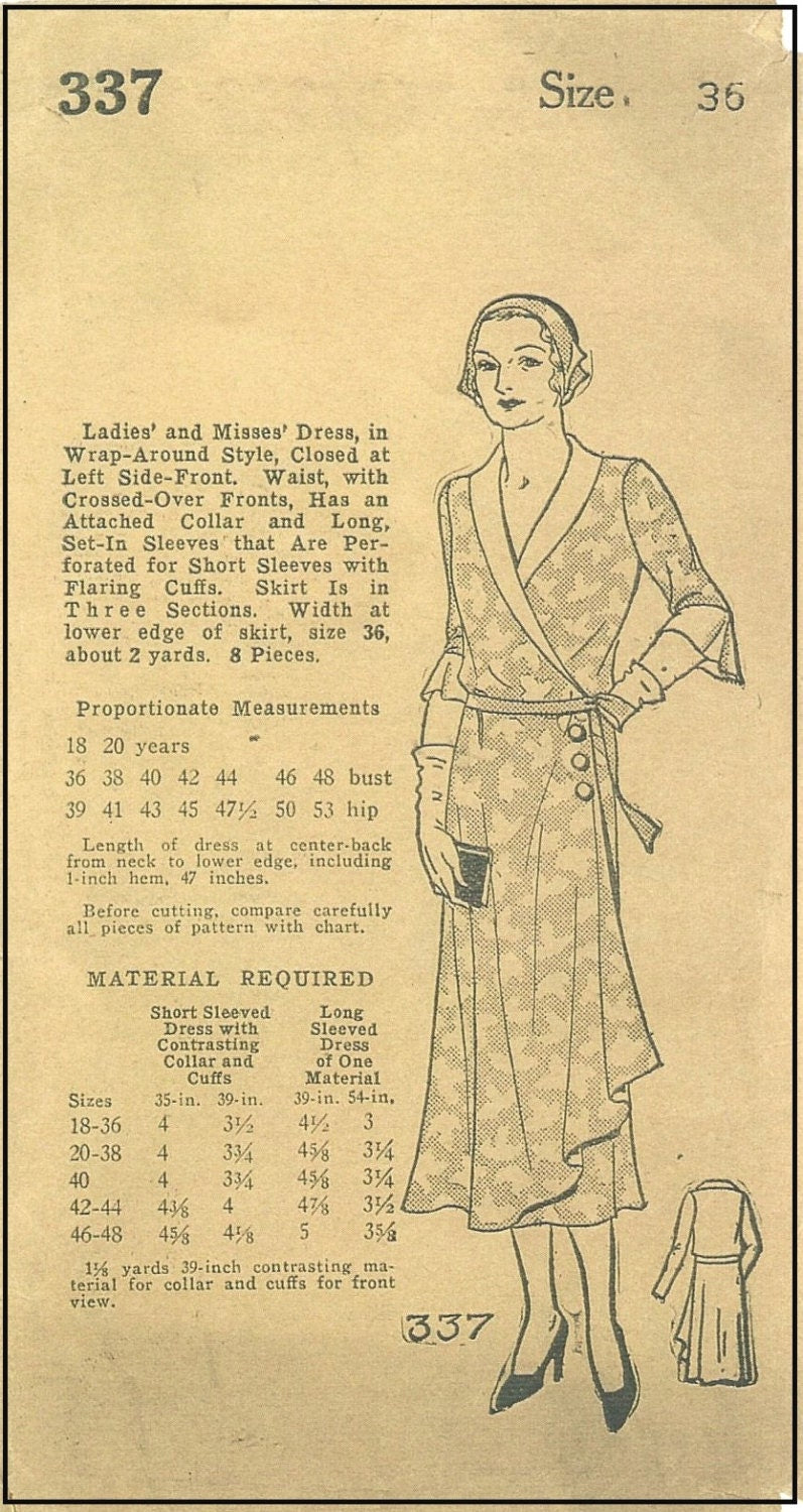 1930s Ladies Wrap Around Dress - INSTANT DOWNLOAD - Reproduction Sewing Pattern #T0337 - 36 Inch Bust - PDF - Print At Home