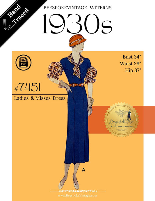 1930s Ladies' and Misses' Dress - Bust 34" - vintage sz 16 - Reproduction Vintage Pattern #7451-34  - PDF - Print At Home