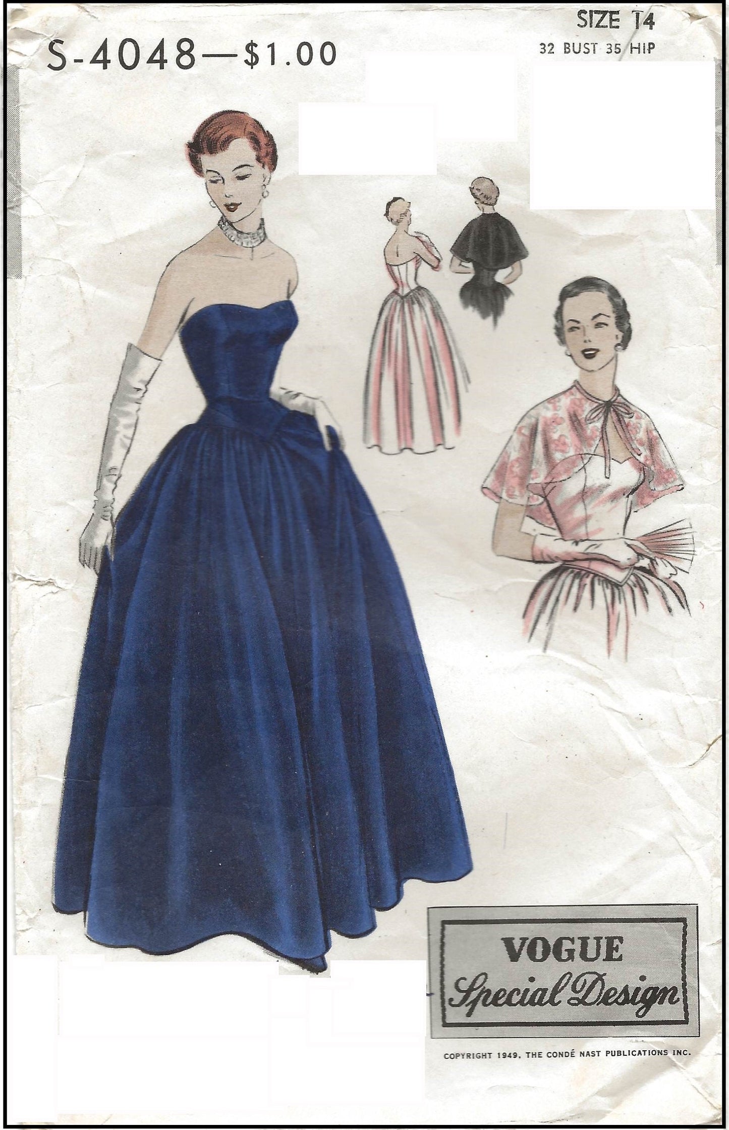 1950s Ladies Formal Gown With Capelet - Reproduction 1951 Sewing Pattern #F4048 - 34 Inch Bust