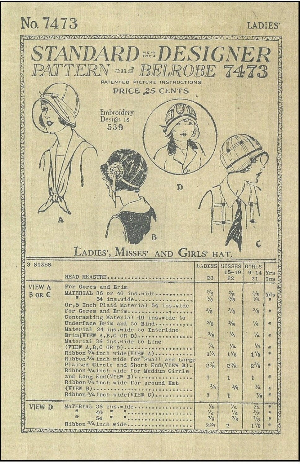 1920s Ladies Cloche Hat with Ribbon Trim - Reproduction 1924 Sewing Pattern #H7473