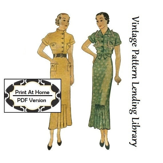 1930s Ladies Day Dress With Kick Pleats - INSTANT DOWNLOAD - Reproduction 1935 Sewing Pattern #T1642 - PDF - Print At Home