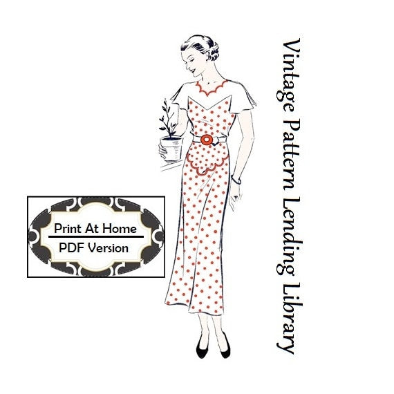 1930s Ladies Day Dress With Scallop Detailing - INSTANT DOWNLOAD - Reproduction Sewing Pattern #T2992 - 40 Inch Bust - PDF - Print At Home