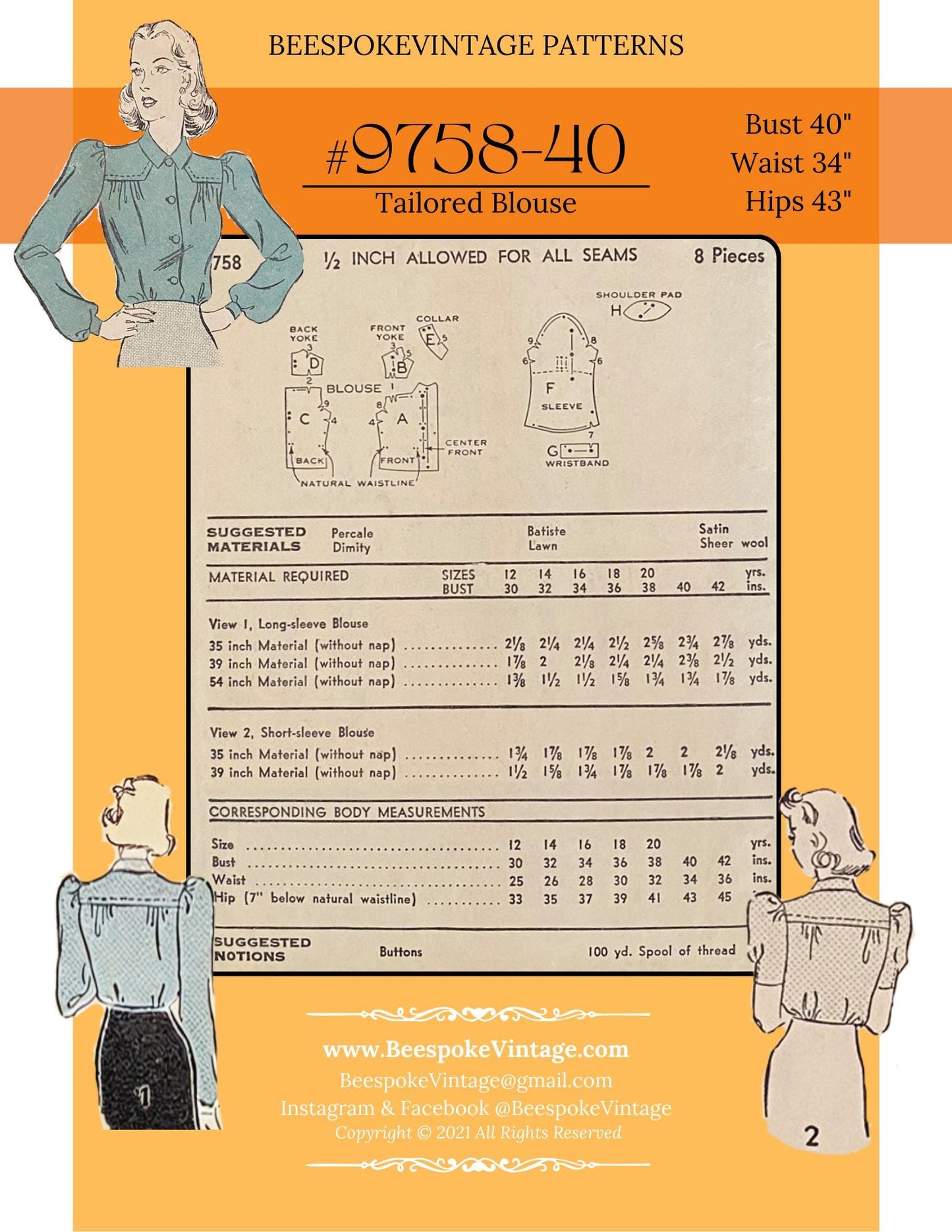 1940s Volup Blouse Pattern - Bust 40" Reproduction Vintage Pattern #9758-40 - PDF - Print At Home