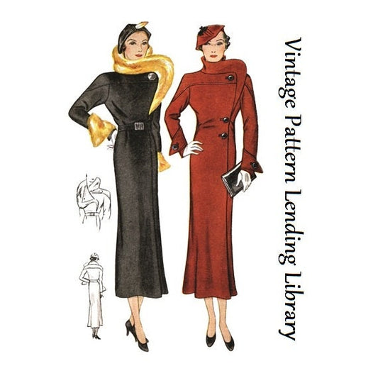 1930s Ladies Coat With Stand Up Collar - Reproduction 1934 Sewing Pattern #T1541 - 34 Inch Bust