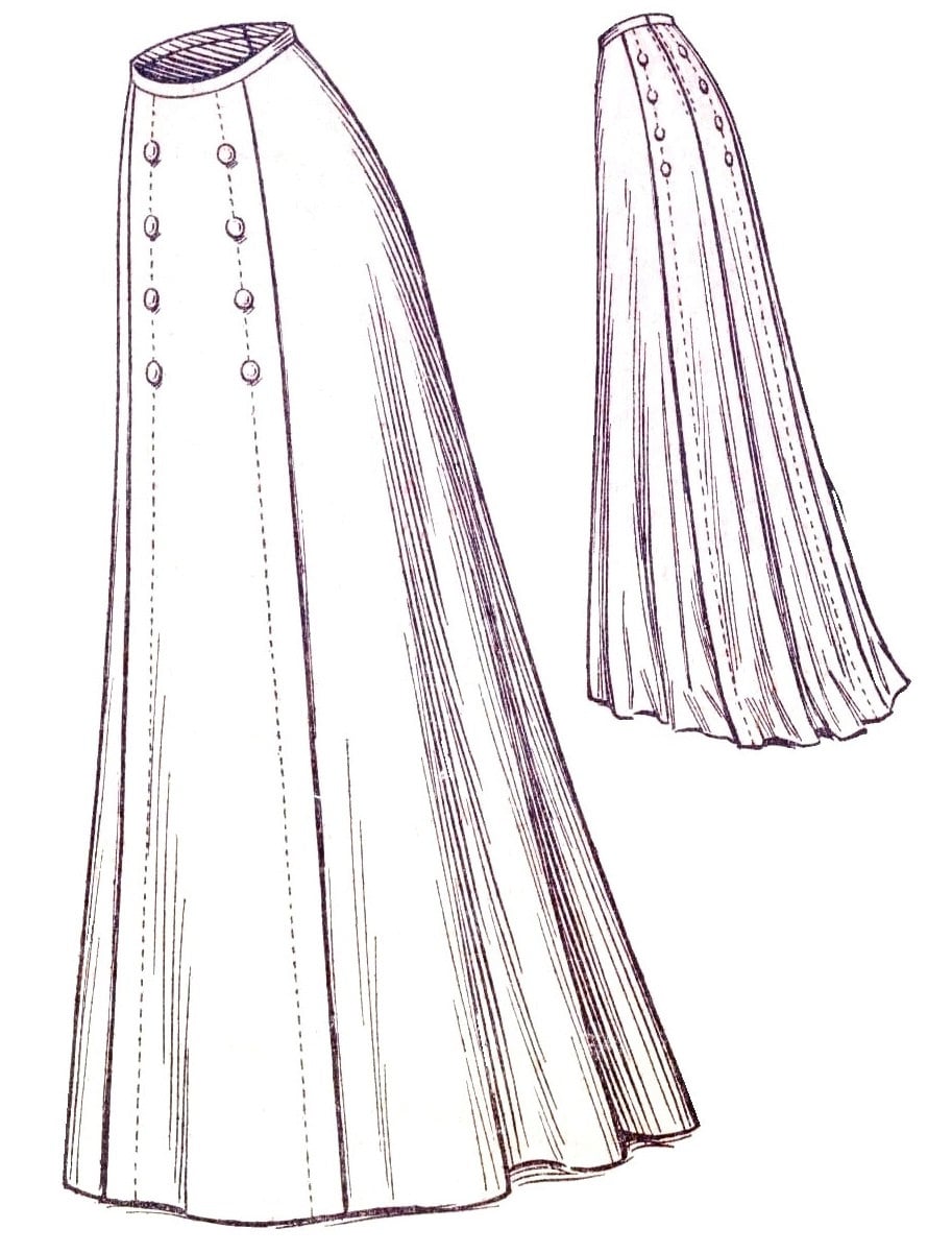 1910s Ladies Five Gored Skirt In Sweep or Round Length - Edwardian 1909 Pattern #E2704 - 28 Inch Waist