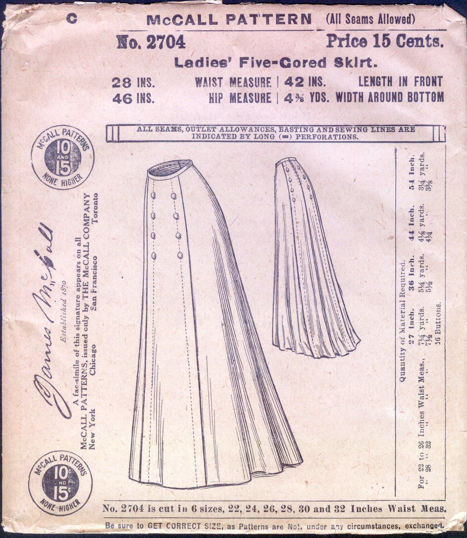 1910s Ladies Five Gored Skirt In Sweep or Round Length - Edwardian 1909 Pattern #E2704 - 28 Inch Waist