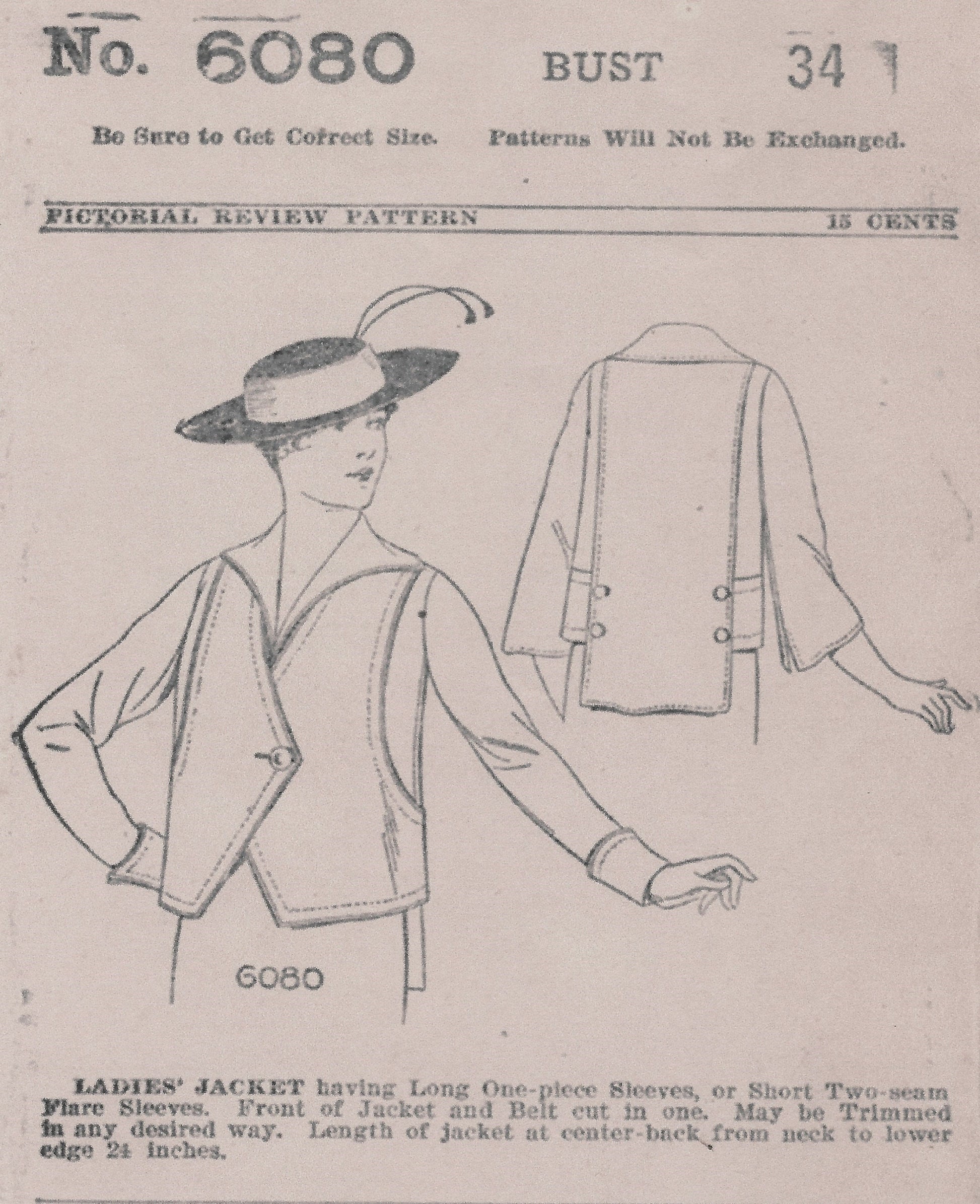 1910s Ladies Belted Jacket With Sleeve Options - 1915 Pattern #E6080 - 34 Inch Bust