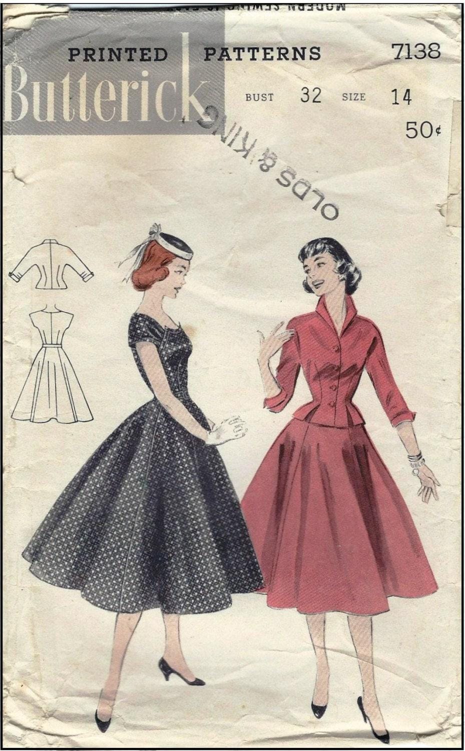 1950s Ladies Dress with Jacket - INSTANT DOWNLOAD - Reproduction 1954 Sewing Pattern #F7138 - 32 Inch Bust [PDF - PRINT AT HOME]
