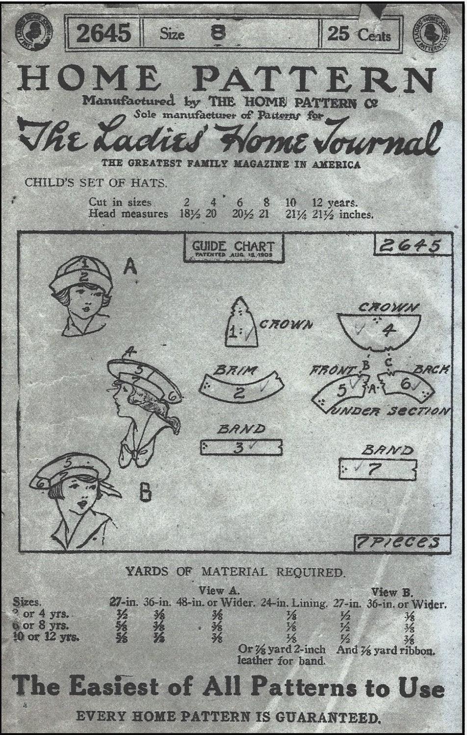 1913 Child/Youth Hats - INSTANT DOWNLOAD - Pattern #H2645 [PDF - PRINT AT HOME]