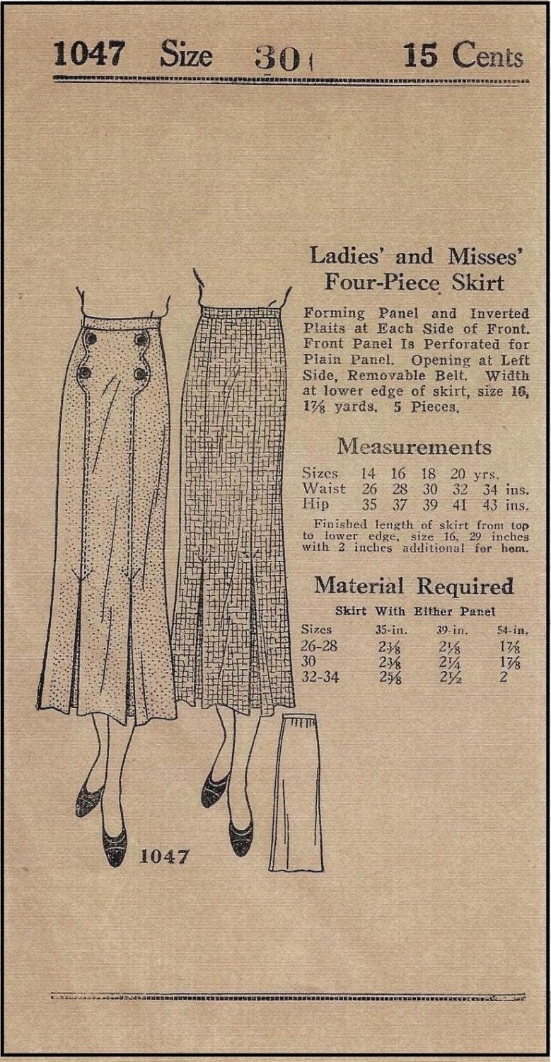 1930s Ladies Skirt With Patch Pockets - INSTANT DOWNLOAD - Reproduction 1936 Sewing Pattern #T1047 - 30 Inch Waist [PDF - PRINT AT HOME]