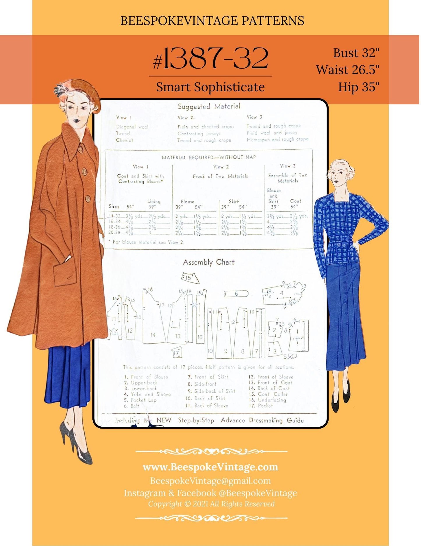 1930s 2-Piece Dress (Blouse and Skirt) and Coat - Bust 32" - vintage sz 14 - Pattern #1387-32 [PDF - PRINT AT HOME]