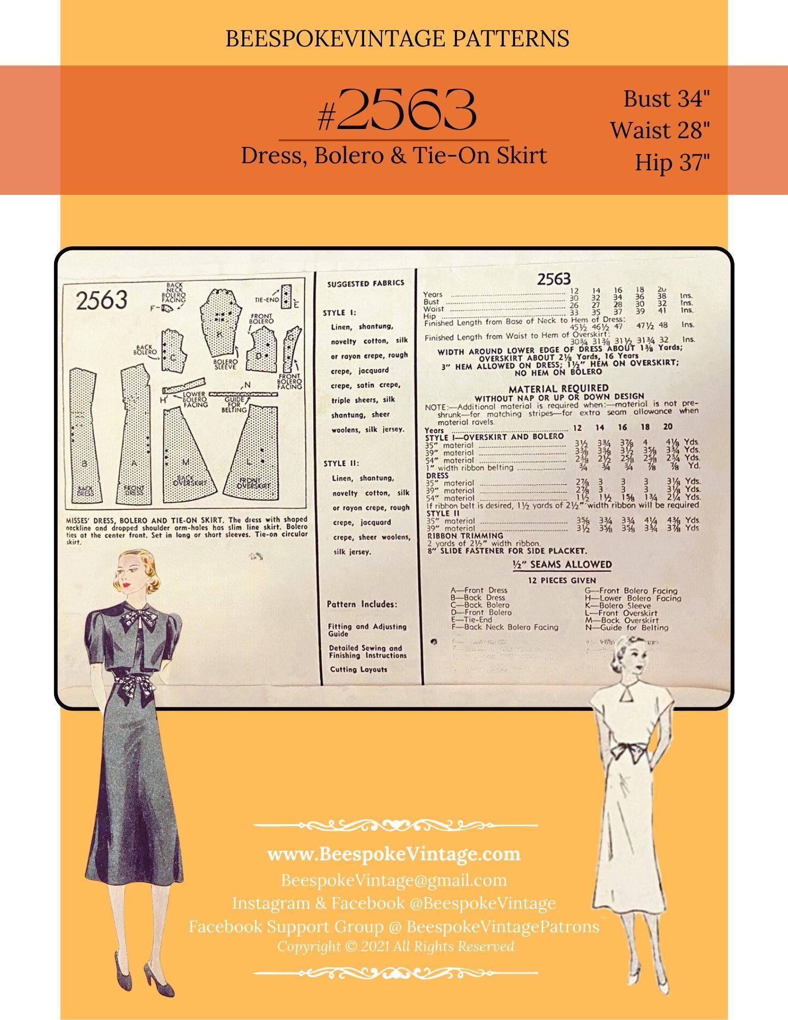 1930s Slimline Dress, Bolero and Tie-On Skirt - Bust 34" - Pattern #2563-34 [PDF - PRINT AT HOME]