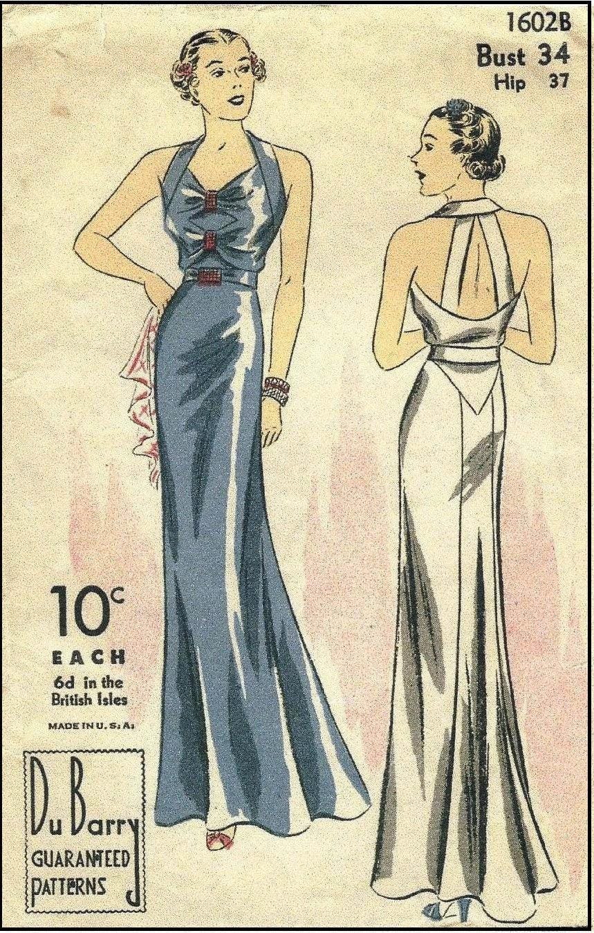 1930s Ladies Evening Gown With Back Bands - INSTANT DOWNLOAD - Reproduction 1936 Sewing Pattern #T1602 - 34 Inch Bust [PDF - PRINT AT HOME]