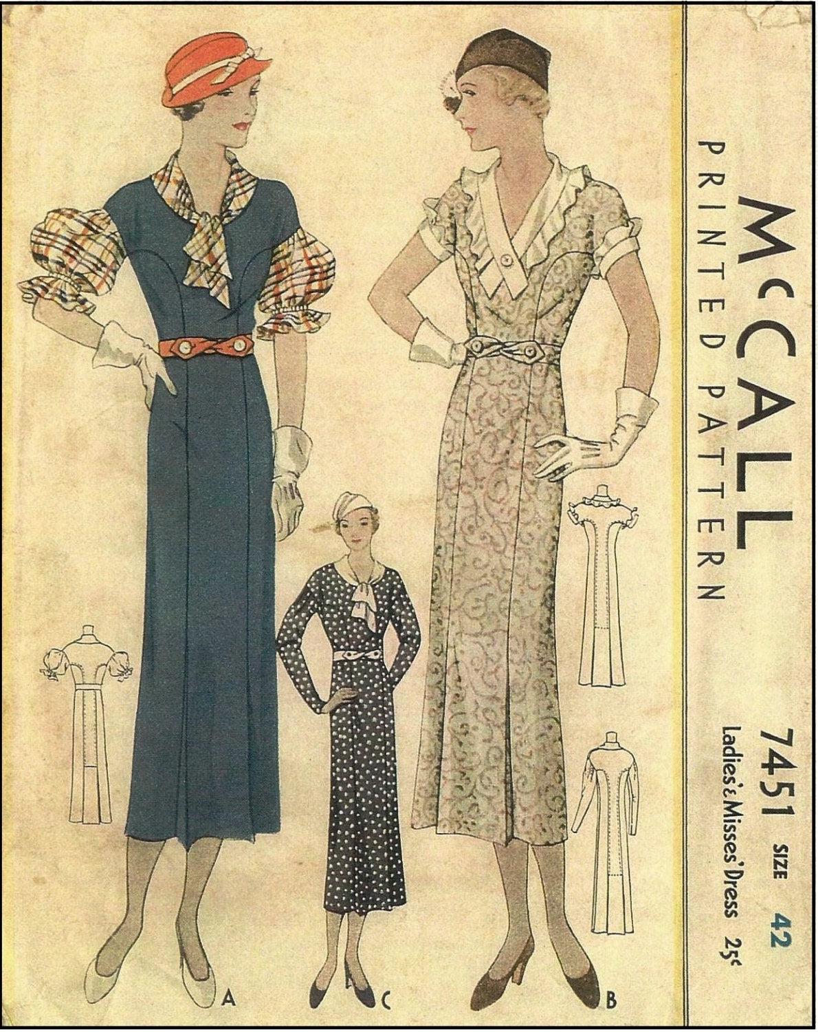 1930s Frock With Three Sleeve Options - INSTANT DOWNLOAD - Reproduction 1933 Sewing Pattern #T7451 - 42 Inch Bust [PDF - PRINT AT HOME]