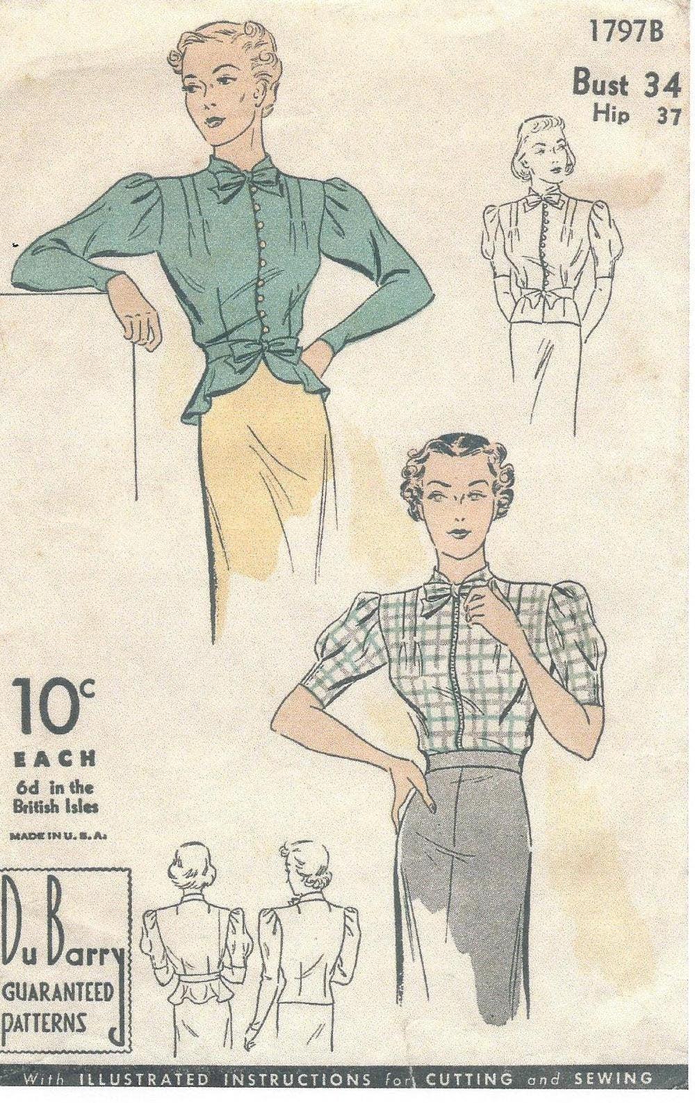 1930s Ladies Blouse With Optional Peplum and Sleeve - INSTANT DOWNLOAD - Reproduction 1937 Sewing Pattern #T1797 [PDF - PRINT AT HOME]