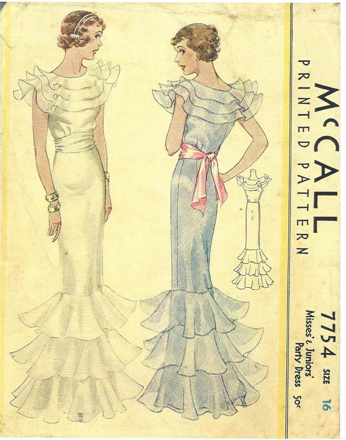 1930s Ladies Evening Gown With Sash - INSTANT DOWNLOAD 0 Reproduction 1934 Sewing Pattern #T7754 - 34 Inch Bust [PDF - PRINT AT HOME]