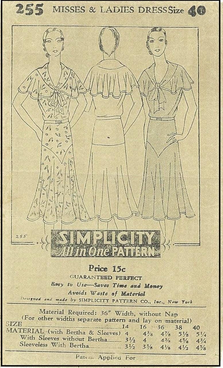 1930s Ladies Day Dress With Bertha - INSTANT DOWNLOAD 0 Reproduction 1931-32 Sewing Pattern #T0255 - 32-36 Inch Bust [PDF - PRINT AT HOME]