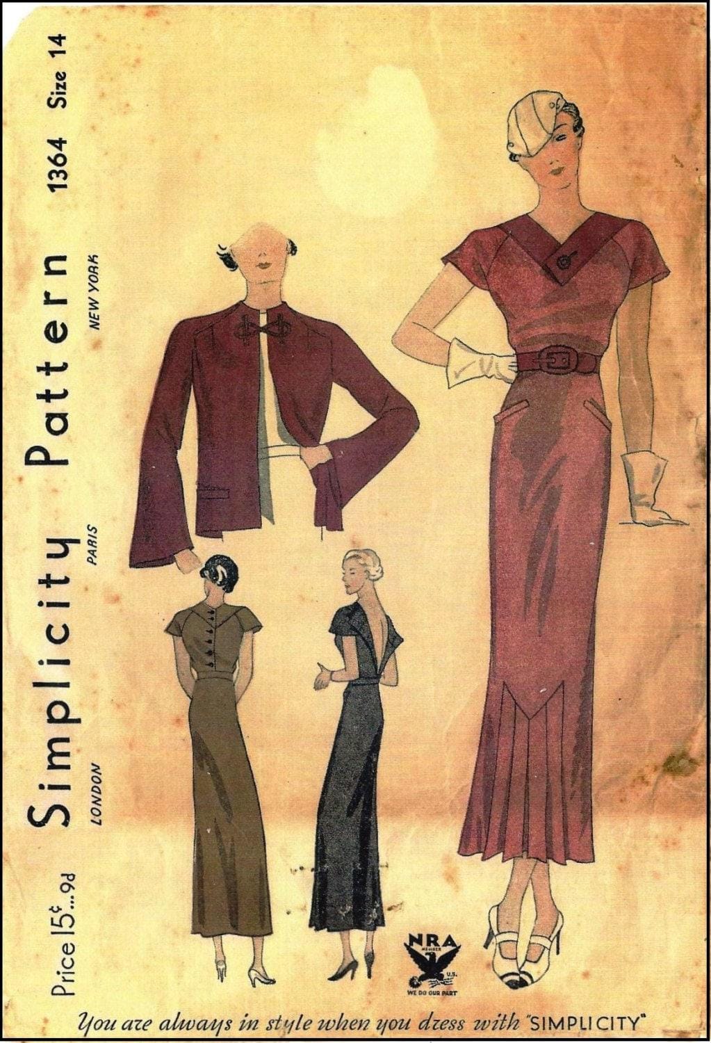 1930s Ladies V-Front Dress With Jacket - INSTANT DOWNLOAD - Reproduction 1934 Sewing Pattern #T1364 - 32 Inch Bust [PDF - PRINT AT HOME]
