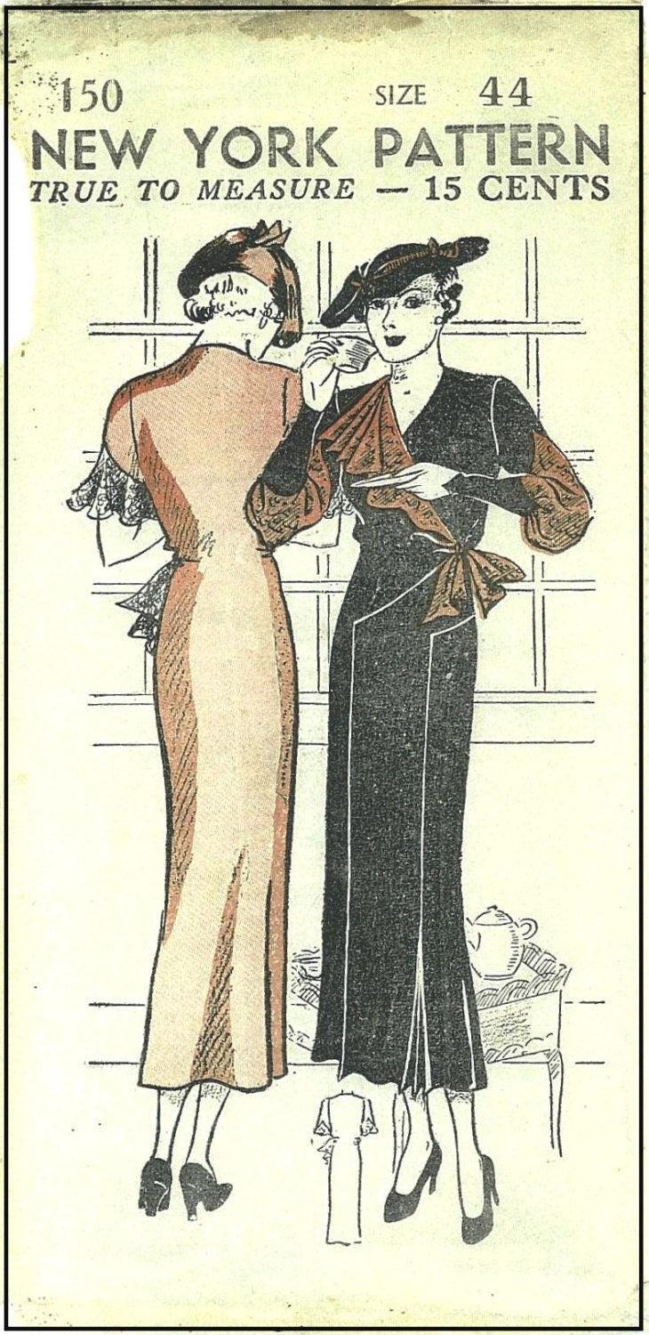 1930s Ladies Dress With Open Neck & Jabot - INSTANT DOWNLOAD - 1935 Pattern #T0150 - 44 Inch Bust [PDF - PRINT AT HOME]