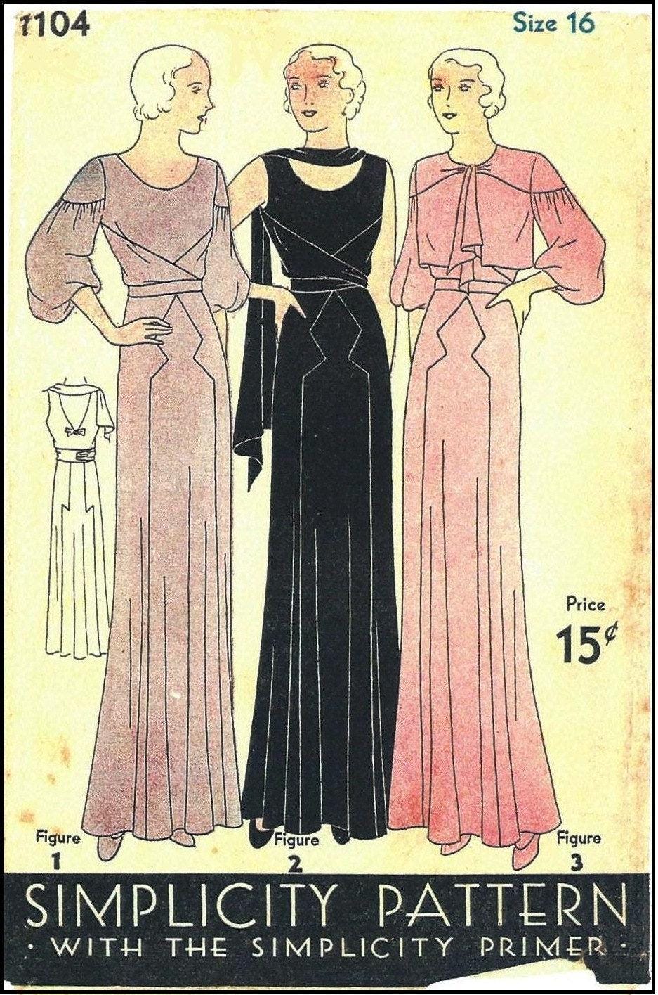 1930s Evening Gown In Two Styles With Jacket- INSTANT DOWNLOAD - Reproduction 1932 Sewing Pattern #T1104 - 34 Inch Bust[PDF - PRINT AT HOME]