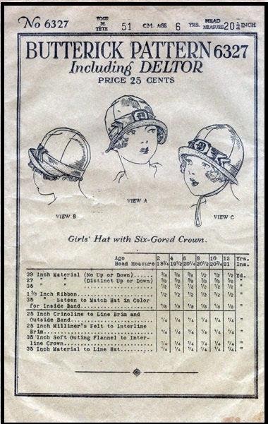1920s Child/Youth Cloche Hat with Turned Up Front Brim - INSTANT DOWNLOAD - Reproduction 1925 Sewing Pattern #H6327 [PDF - PRINT AT HOME]