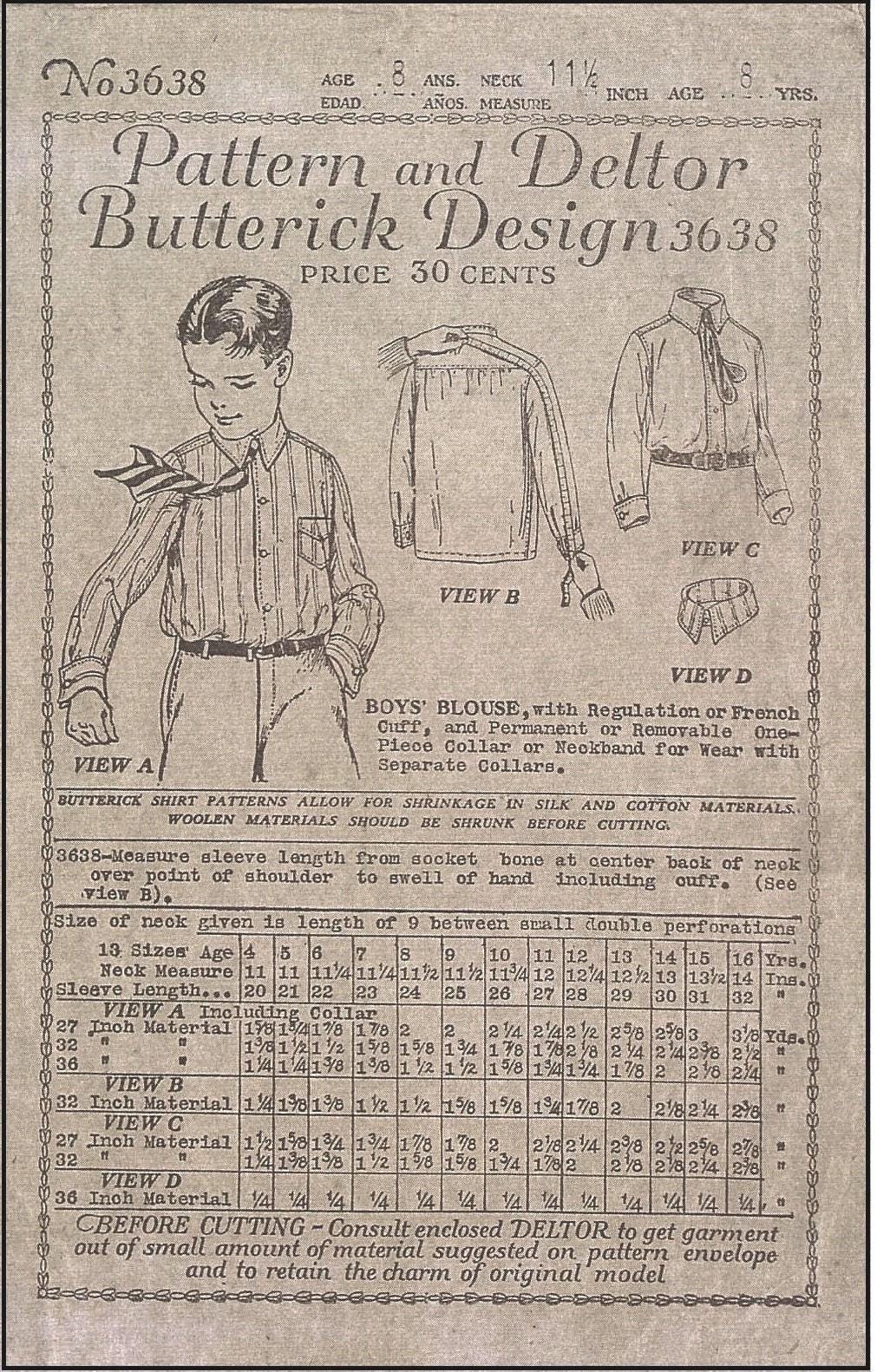 1920s Boy's Button Down Shirt With Detachable Collar - INSTANT DOWNLOAD - Reproduction 1922 Sewing Pattern #C3638 - PDF - Print At Home