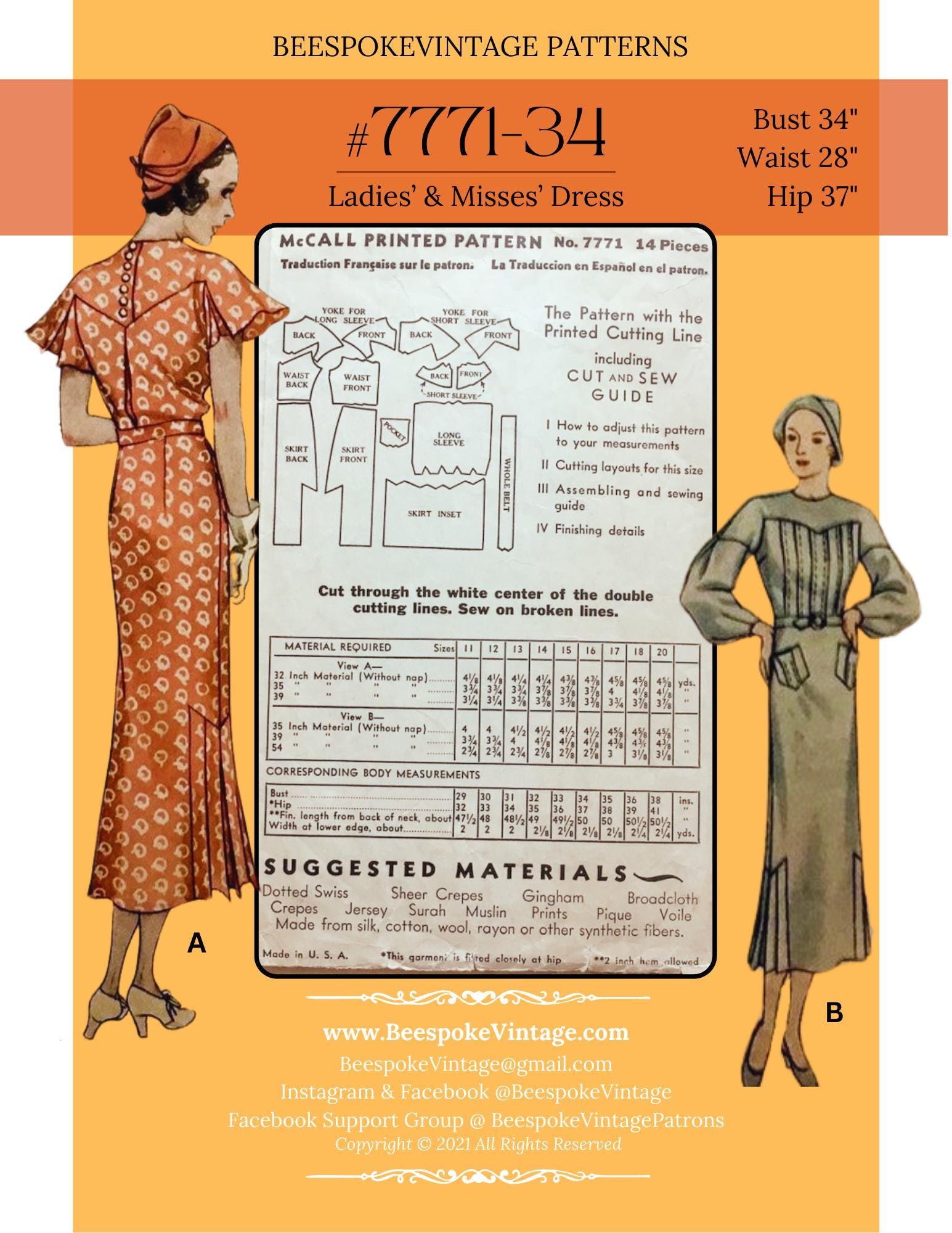 1930s Flutter Sleeve Tucked Front Bodice - Bust 34" - Pattern #7771-34 [PDF - PRINT AT HOME]