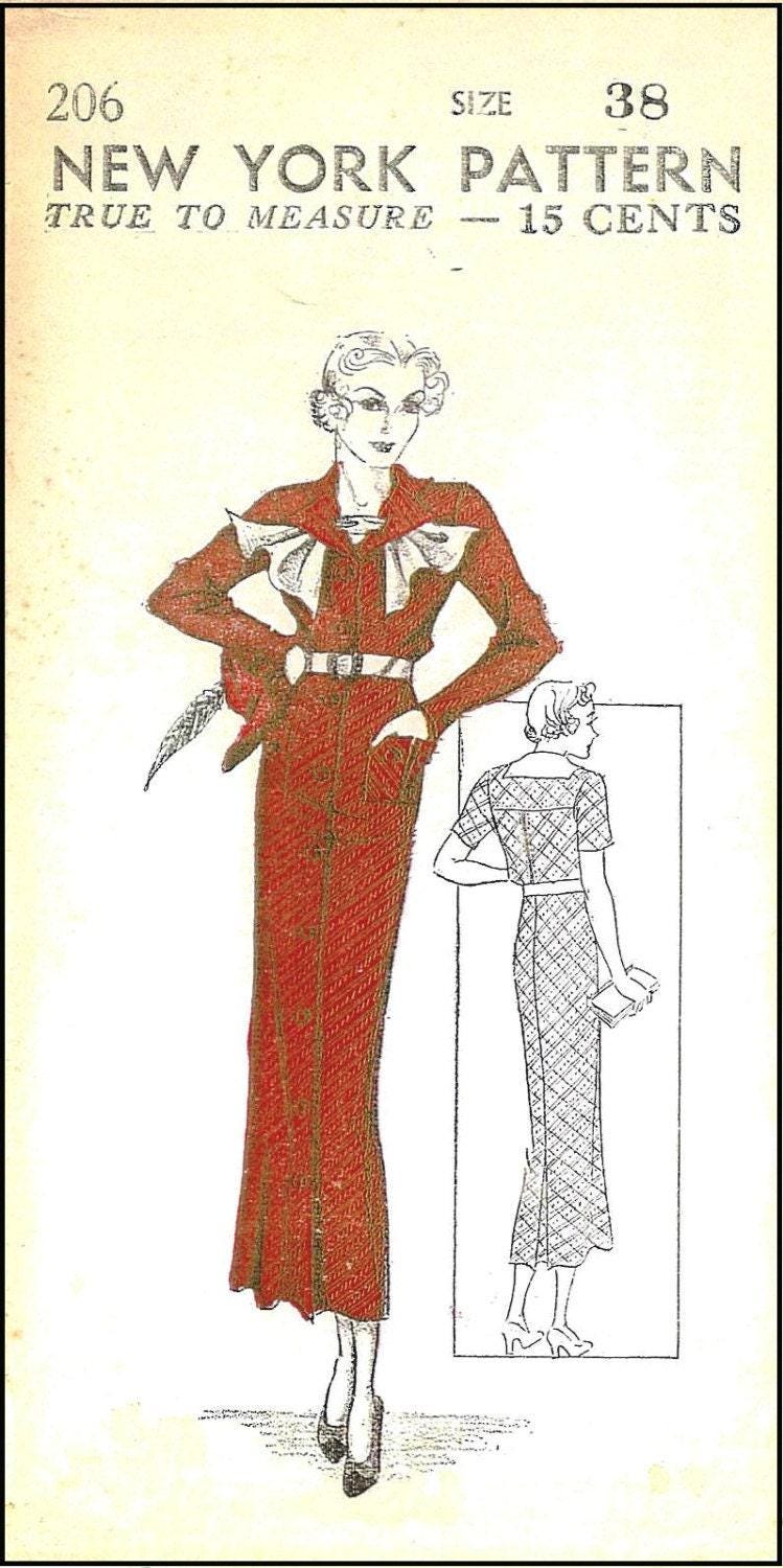 1930s Ladies Dress With Scarf Jabot - INSTANT DOWNLOAD - Reproduction 1935 Sewing Pattern #T0206 - 38 Inch Bust [PDF - PRINT AT HOME]