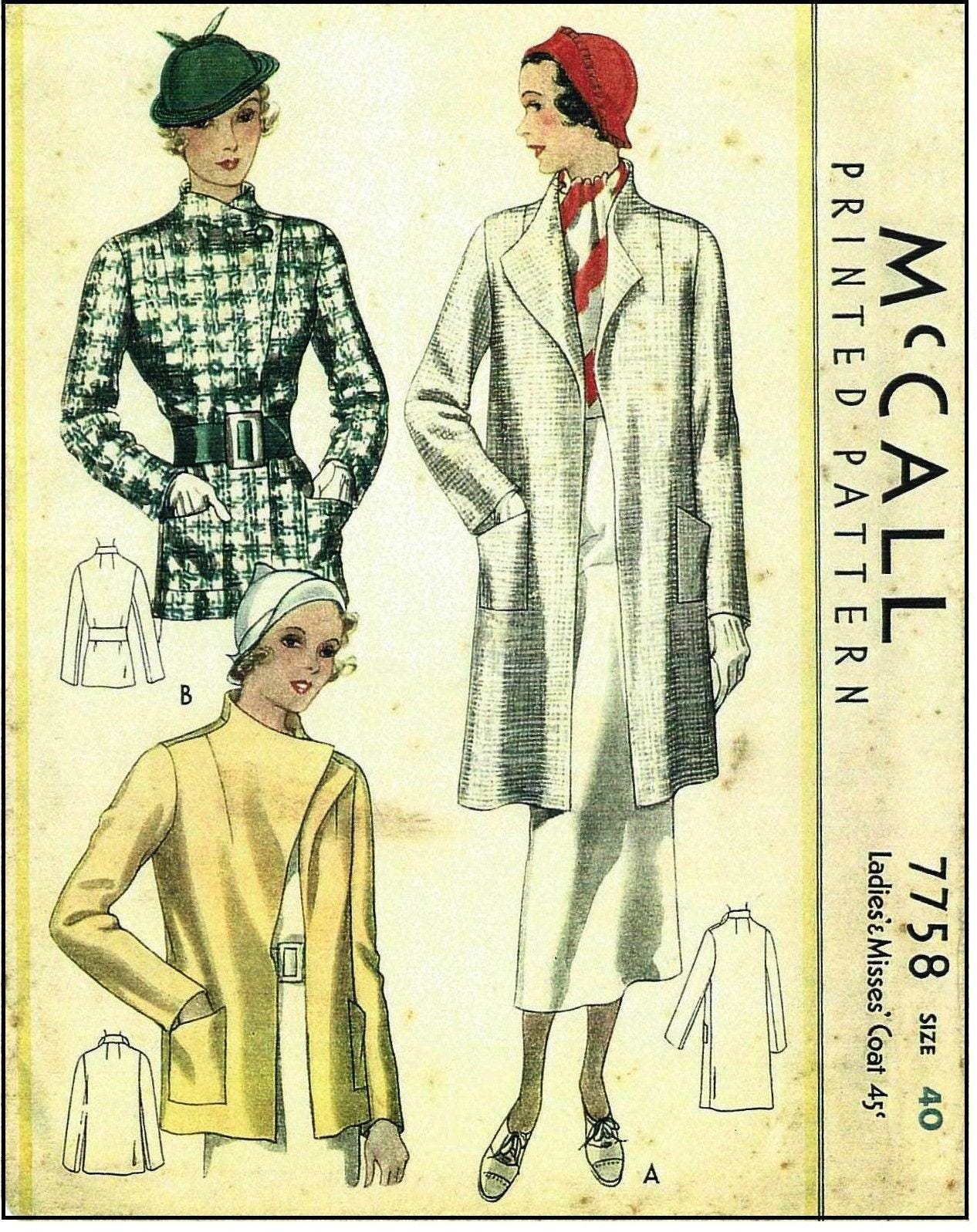 1930s Ladies Coat In Two Lengths - INSTANT DOWNLOAD - Reproduction 1934 Sewing Pattern #T7758 - 40 Inch Bust [PDF - PRINT AT HOME]